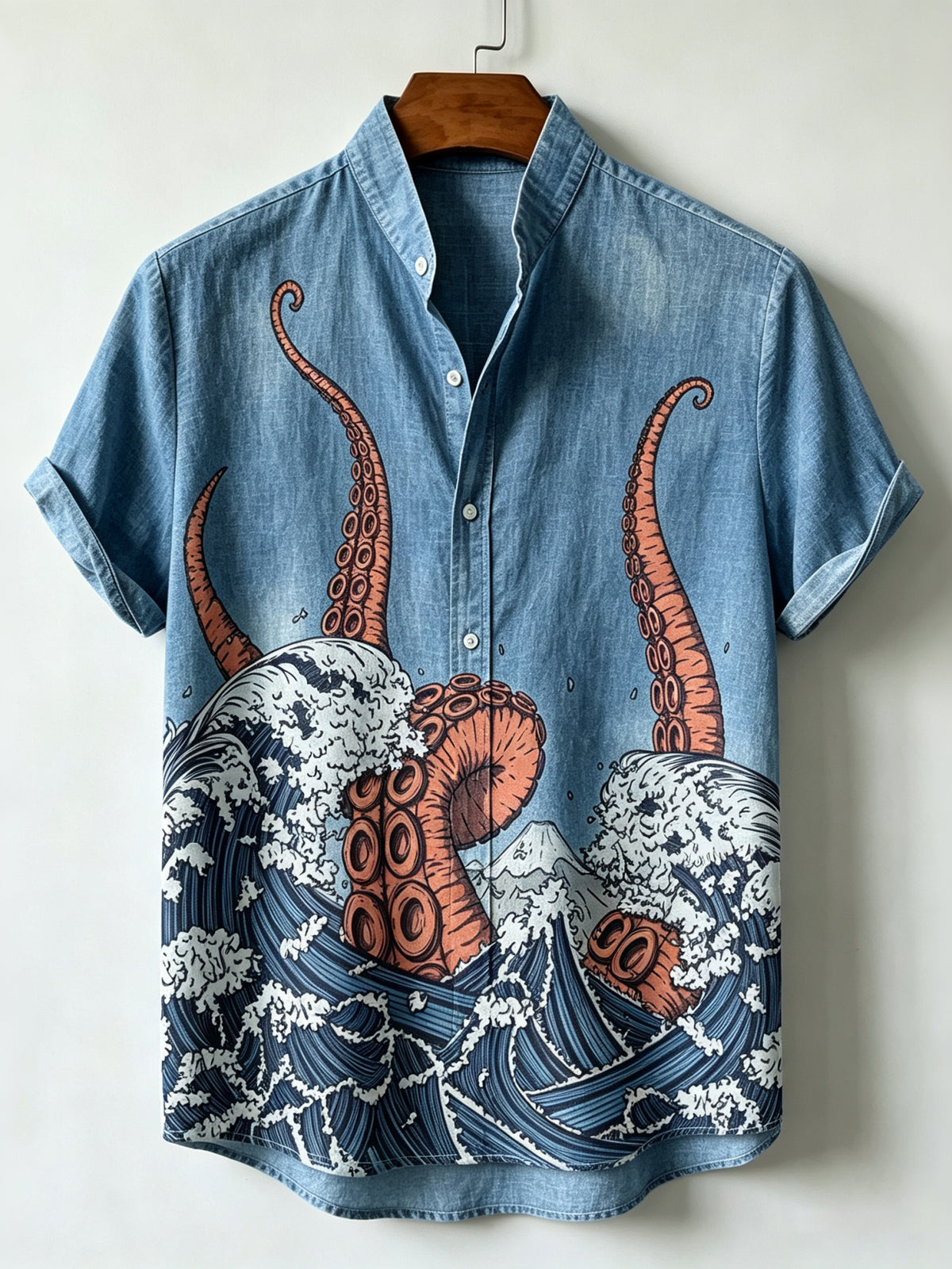 Men's Japanese Octopus And Ocean Waves Art Print Shirt