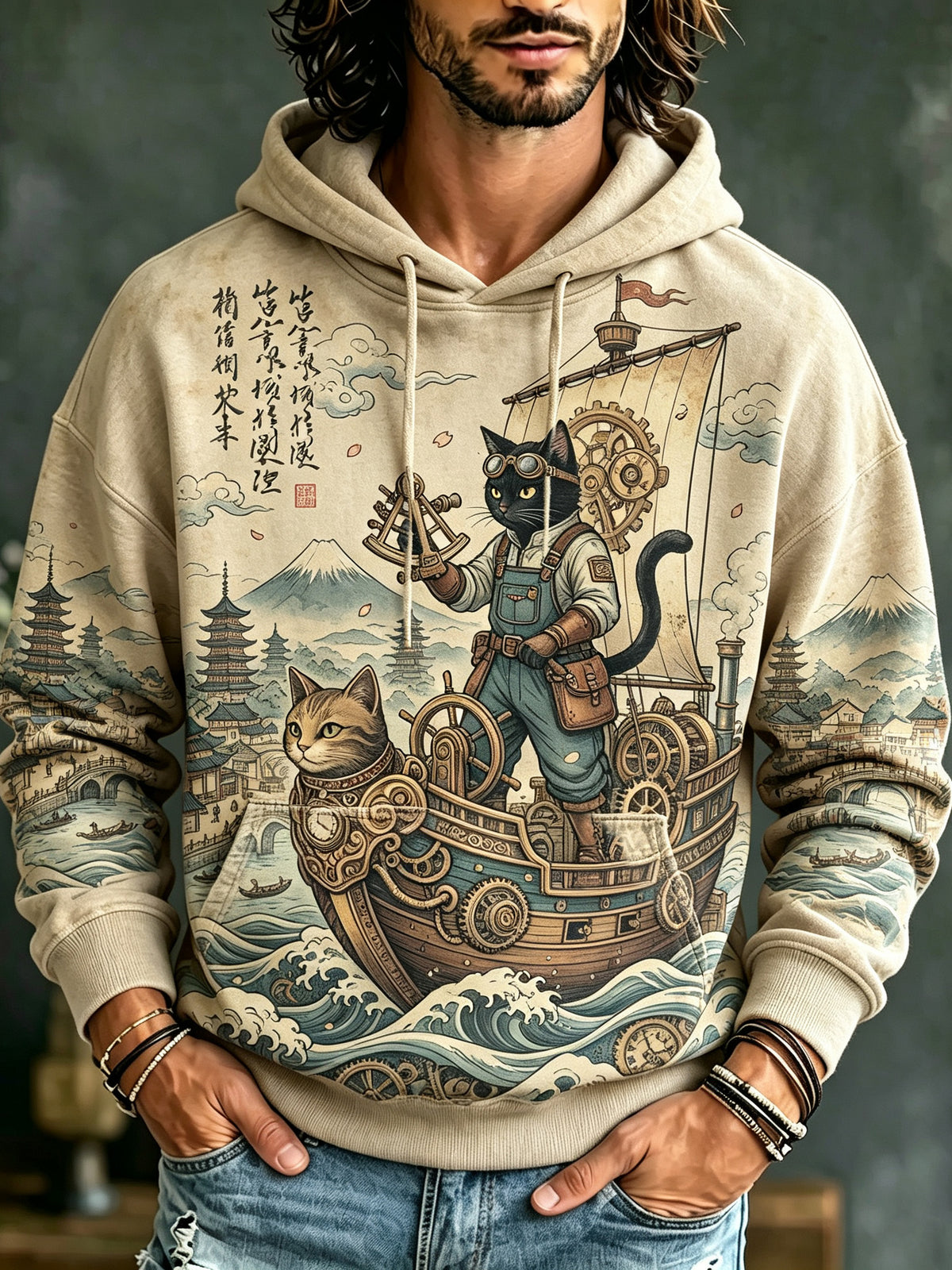 Men's Vintage Japanese Cat Art Print Casual Hoodie