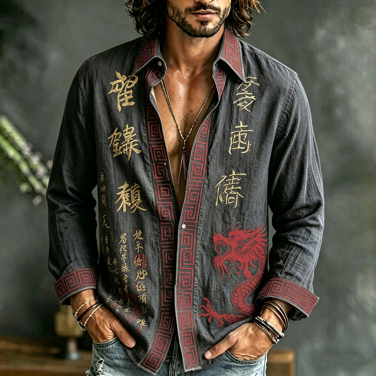 Men's Retro Japanese Calligraphy And Dragon Art Pattern Casual Linen Blend Shirt
