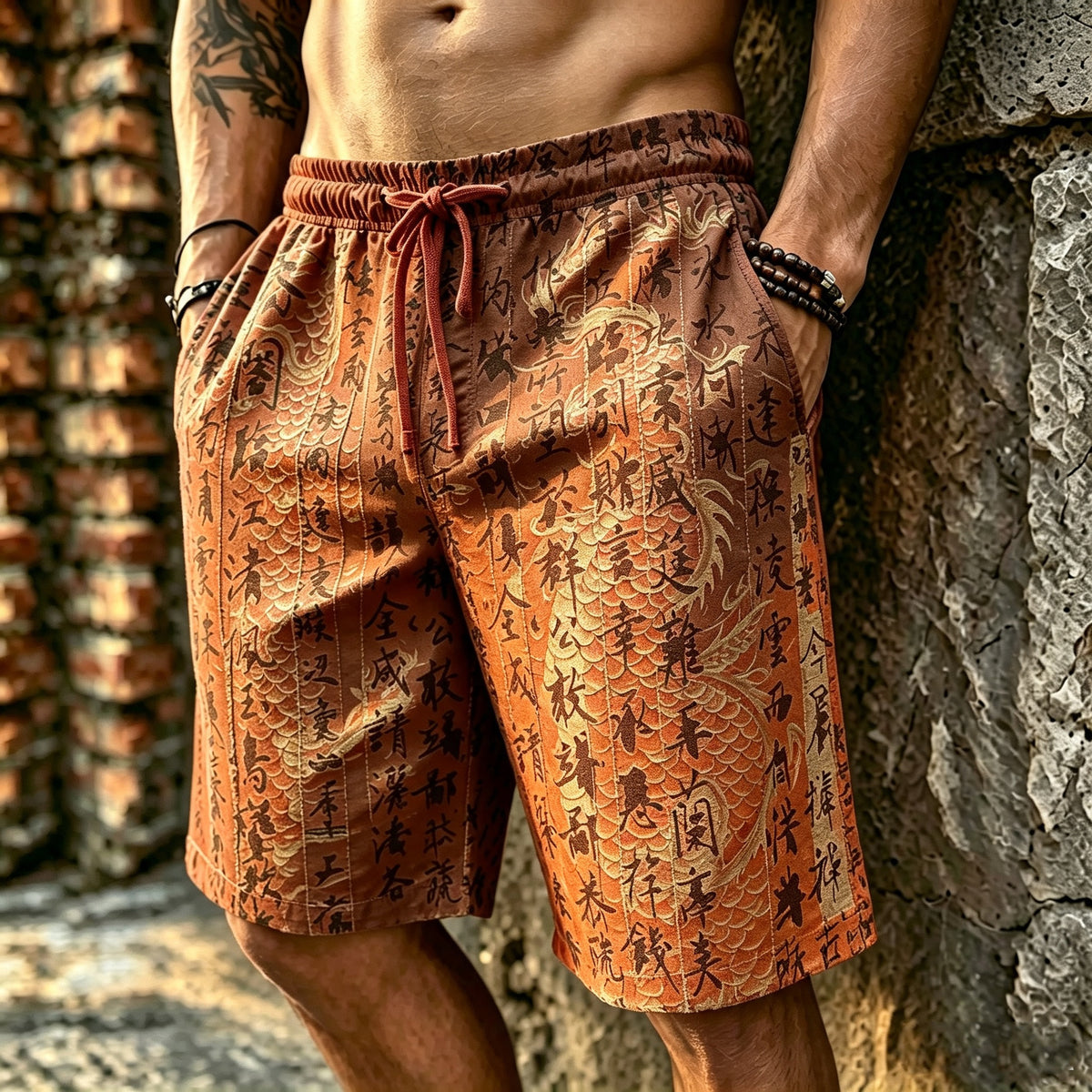 Men's Retro Japanese Dragon And Calligraphy Print Casual Shorts