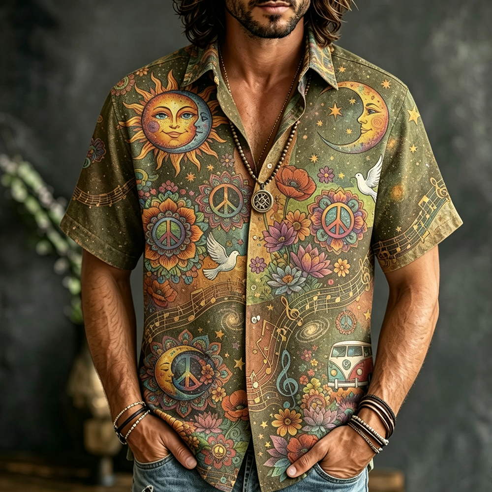 Men's Short-sleeve Button-down Shirt With Sun, Moon, Peace Sign, And Floral Psychedelic Print