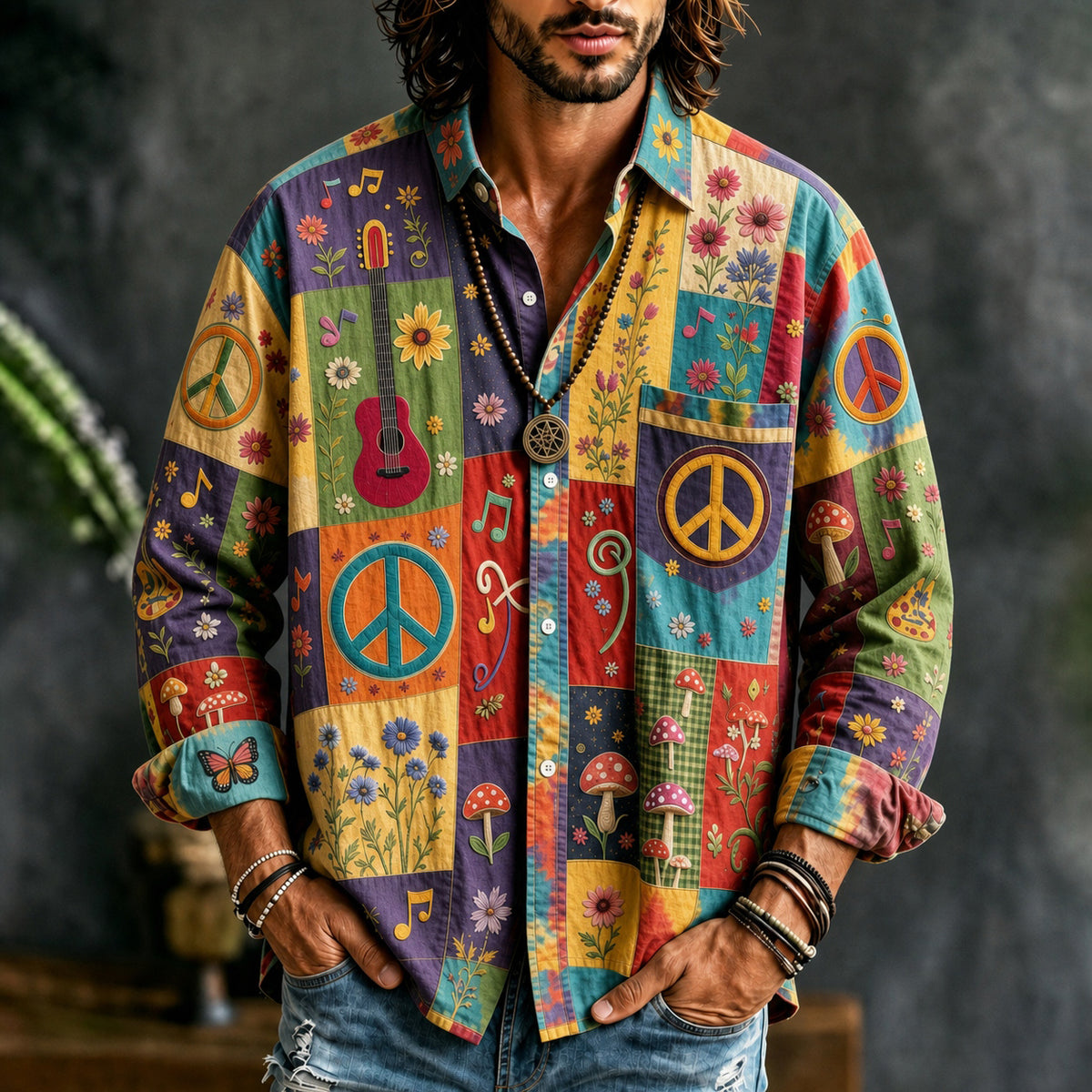 Men's Peace Sign And Guitar Hippie Patchwork Print Long Sleeves Shirt