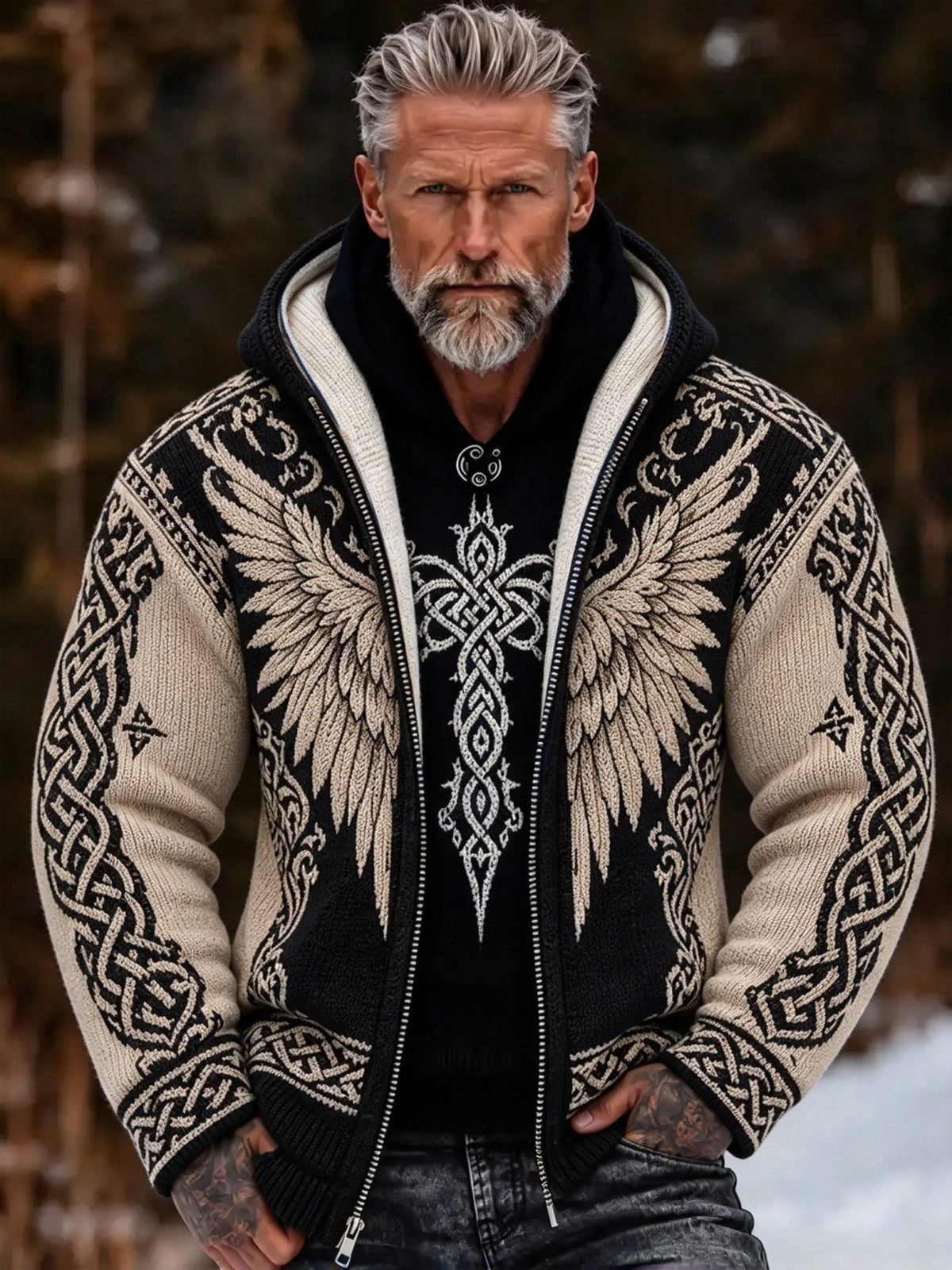 Men's Vintage Viking Wing Celtic Knot Cozy Warm Knitted Jacquard Zipper Hooded Sweater