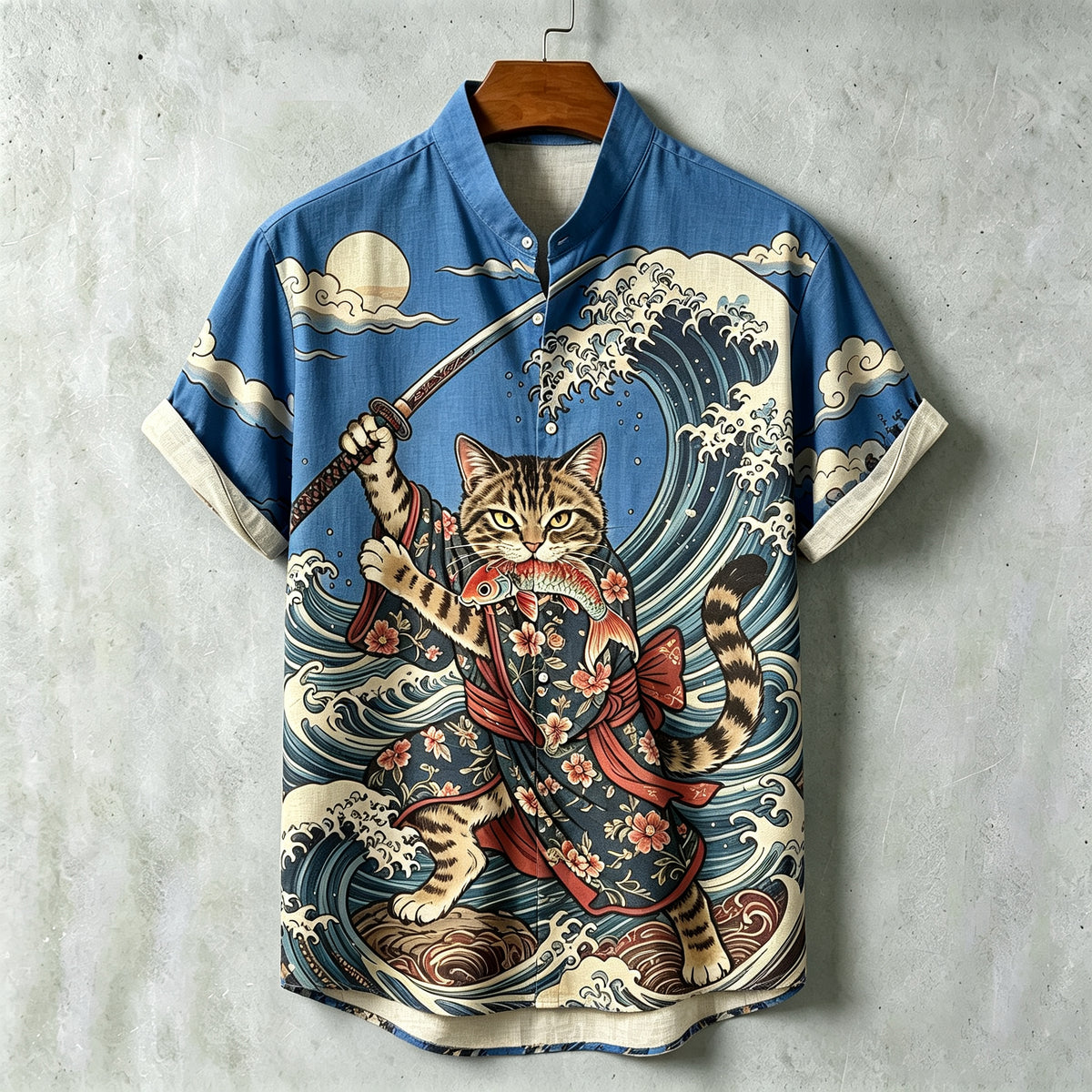 Men's Samurai Wave Print Short-sleeve Cotton Linen Shirt