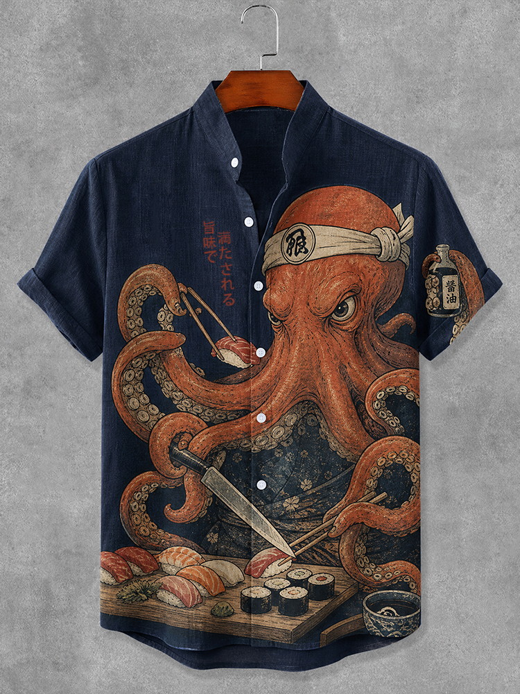 Men's Japanese Ukiyo-e Octopus Sushi Chef Graphic Print Short Sleeve Shirt