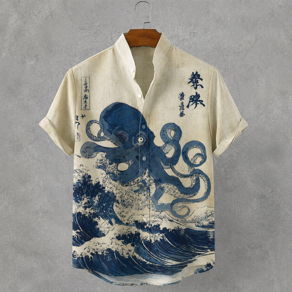 Men's Vintage Japanese Octopus Ocean Art Print Button Casual Cotton Linen Shirt