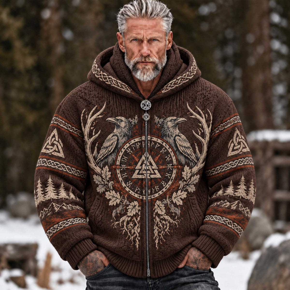 Men's Vintage Viking Norse Compass Raven Celtic Oak Leaf Mountain Graphic Winter Sweater