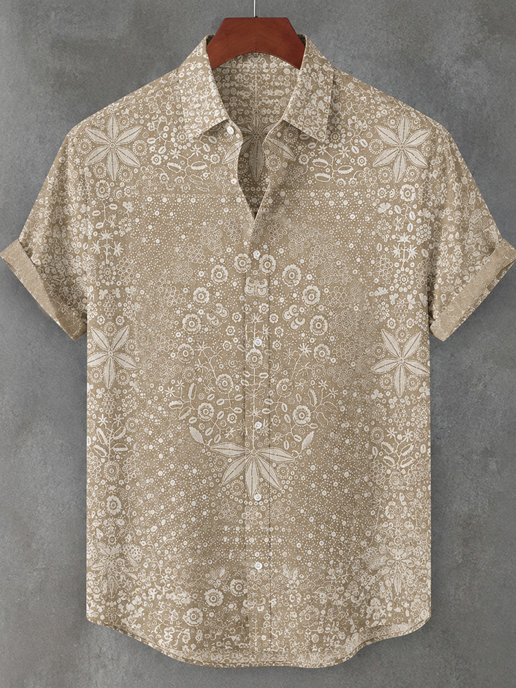 Vintage Japanese Floral Lace Print Cotton Linen Short Sleeve Shirt