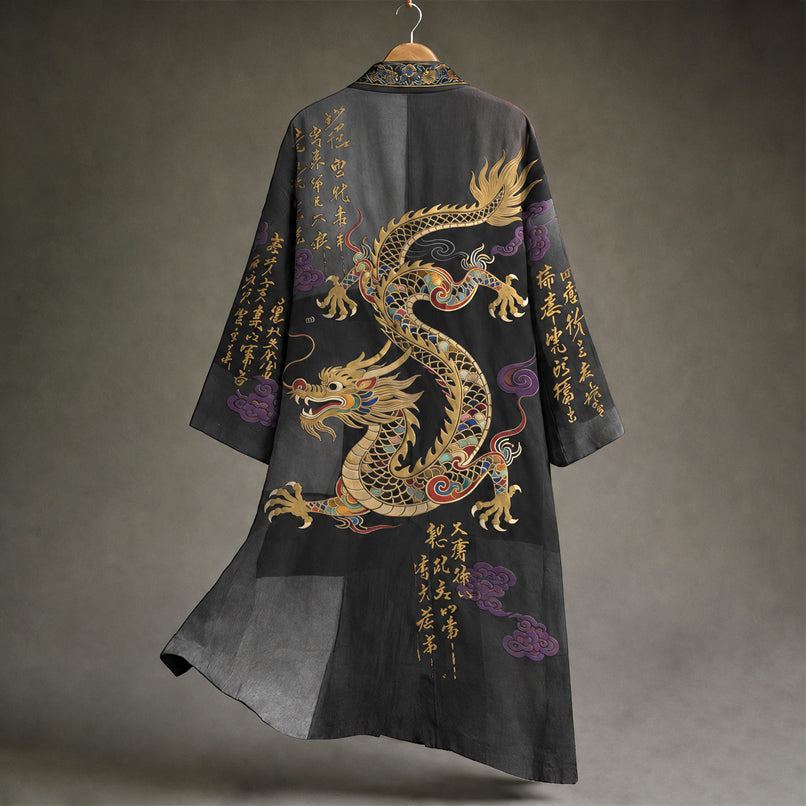 Herren Vintage Japanische Kalligraphie Drachenkunst Muster Leinenmischung Kimono