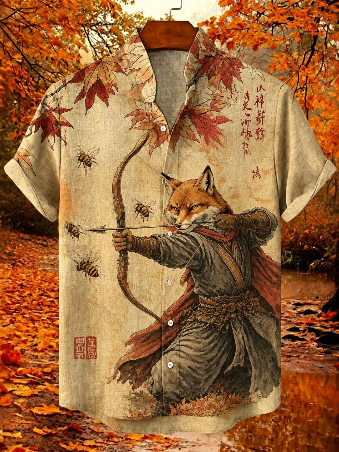 Men's Retro Samurai Fox In Fall Japanese Archery Graphic Print Short Sleeve Shirt