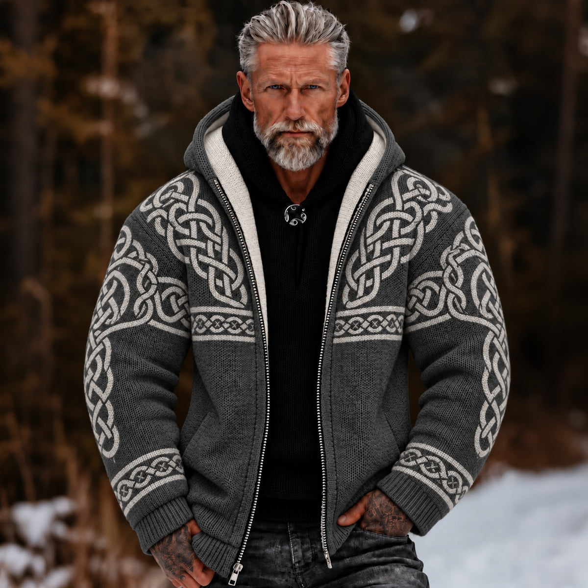 Men's Vintage Viking Celtic Knot Cozy Warm Knitted Jacquard Zipper Hooded Sweater