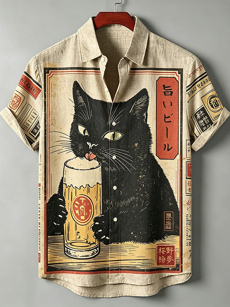 Retro Linen Japanese-style Wooden Print Black Cat Drinking Pattern Casual Button Summer Shirt