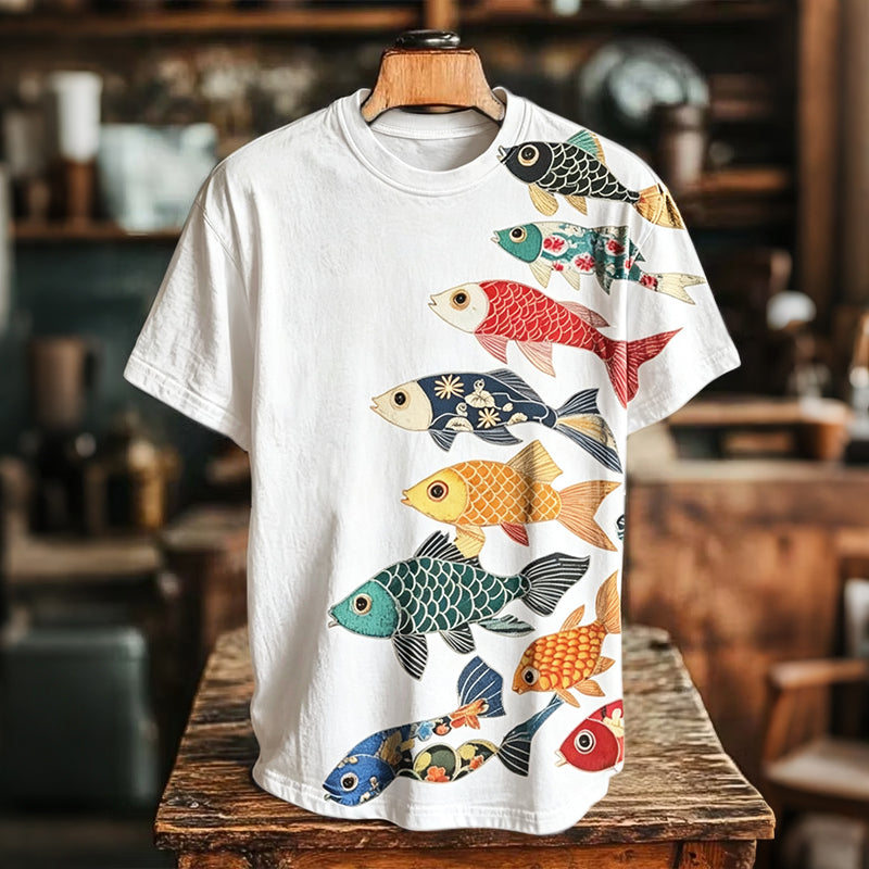 Men's Retro-style Colorful Koi Frog Japanese Art Print Casual T-shirt
