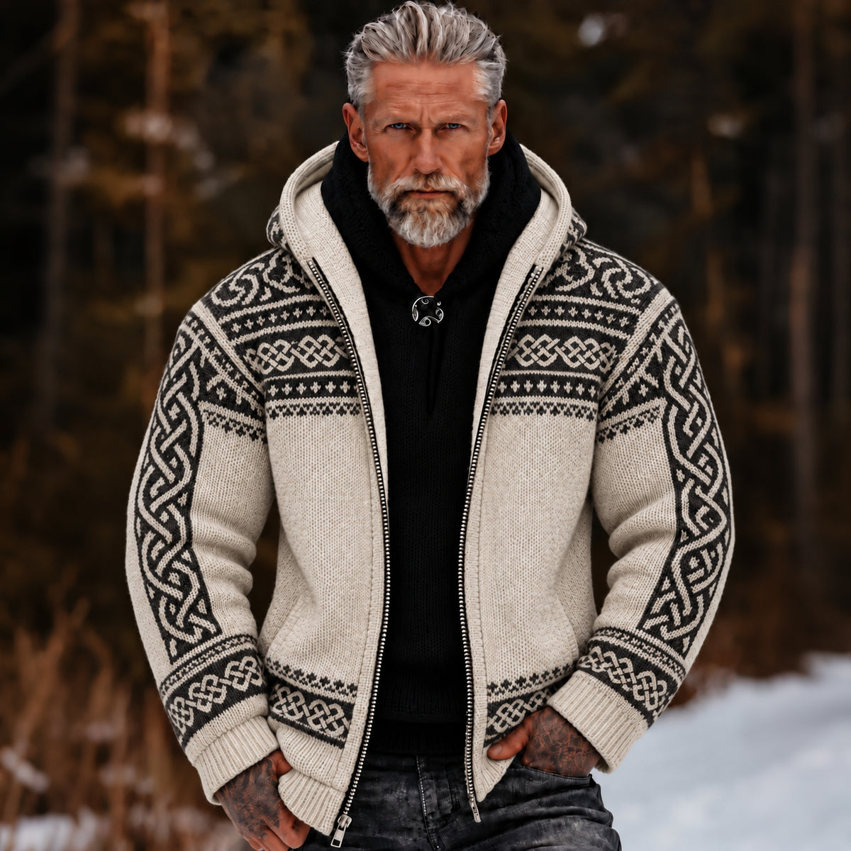 Men's Vintage Viking Celtic Art Print Cozy Warm Zipper Hooded Sweater