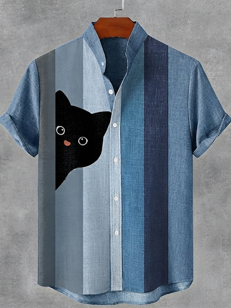 Men's Retro Colorful Striped Cat Art Pattern Casual Short-sleeve Shirt