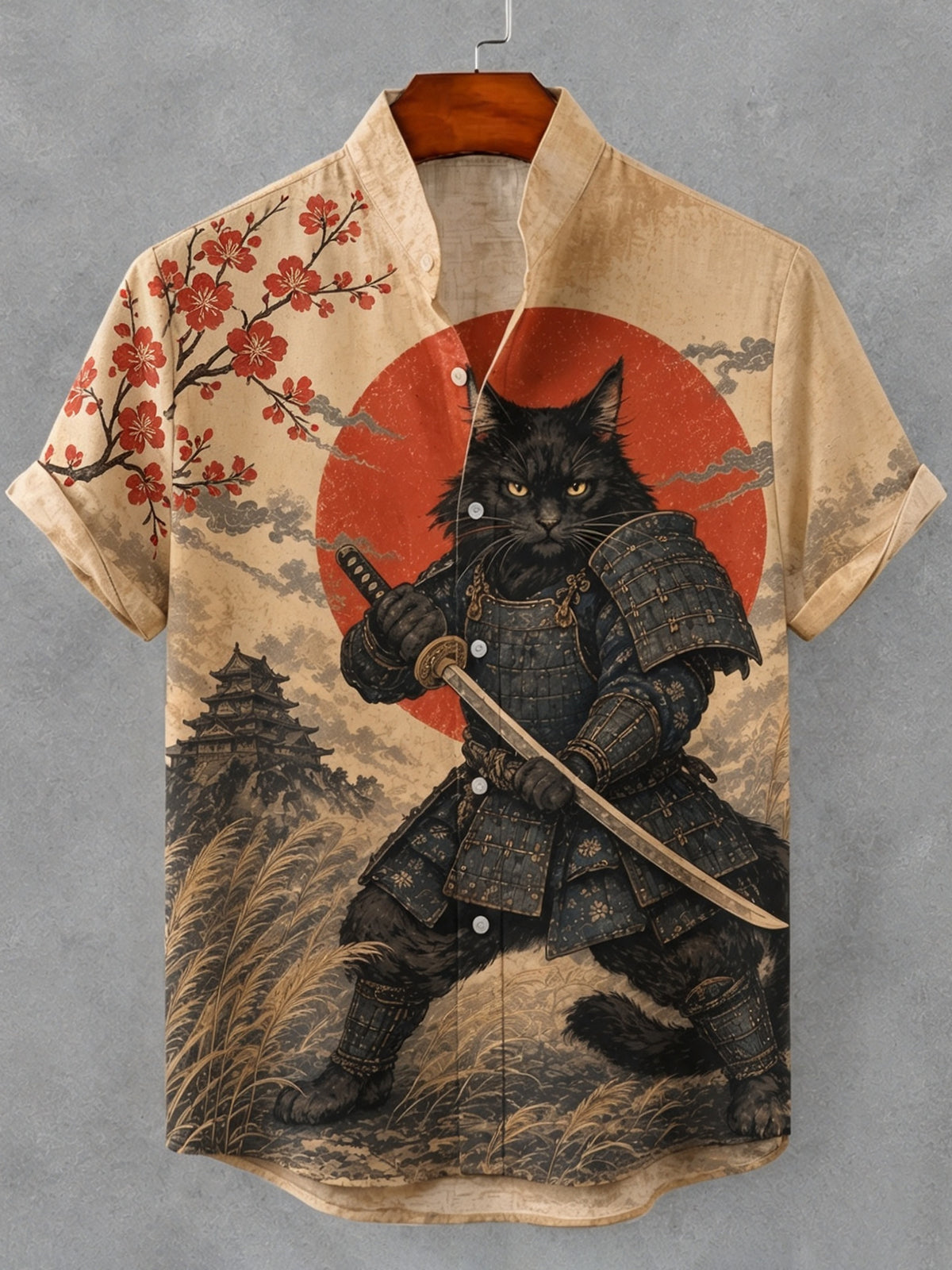 Men's Vintage Japanese Samurai Cat Art Print Button Casual Cotton Linen Shirt