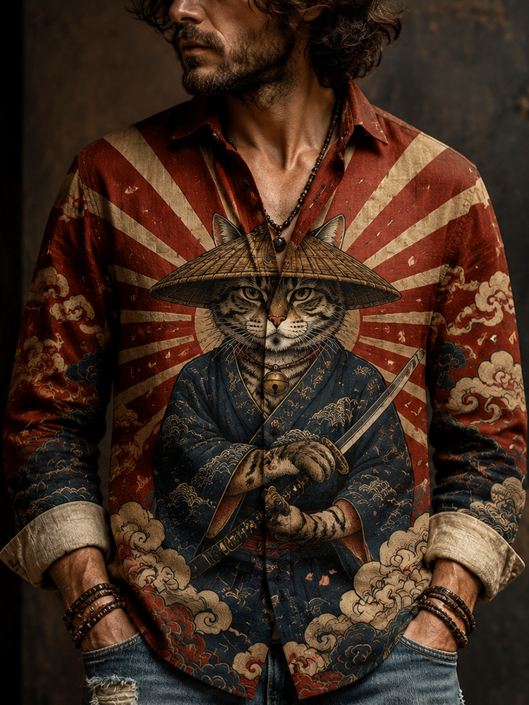 Men's Samurai Cat Kimono Style Shirt - Katana Wielding Feline Graphic Long Sleeve Top