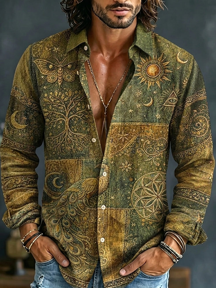 Men's Mystical Hippie Style Peacock Sun And Moon Art Print Long Sleeve Shirt
