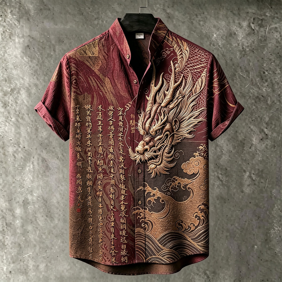 Men's Retro Japanese Art Dragon And Calligraphy Embroidered Print Short-sleeve Shirt