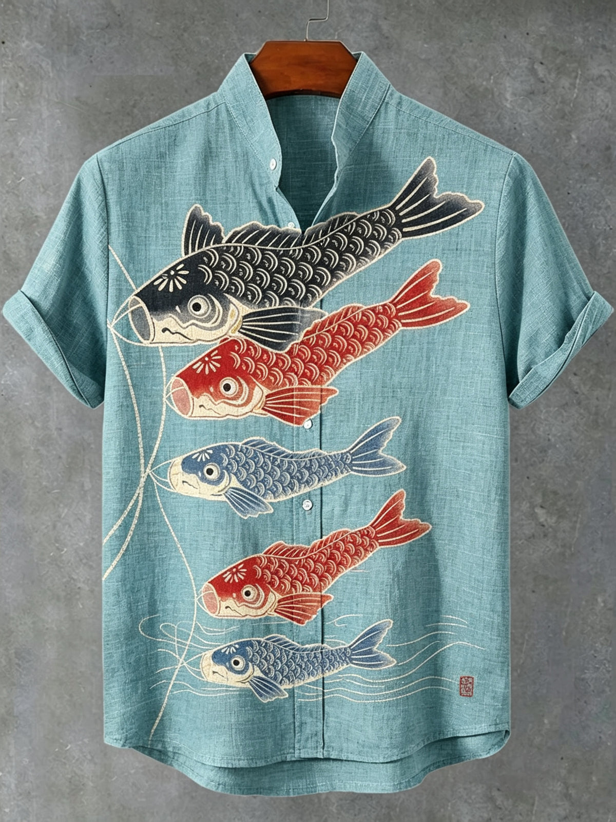 Men's Retro Japanese Art Fish Print Cotton Linen Short-sleeve Shirt
