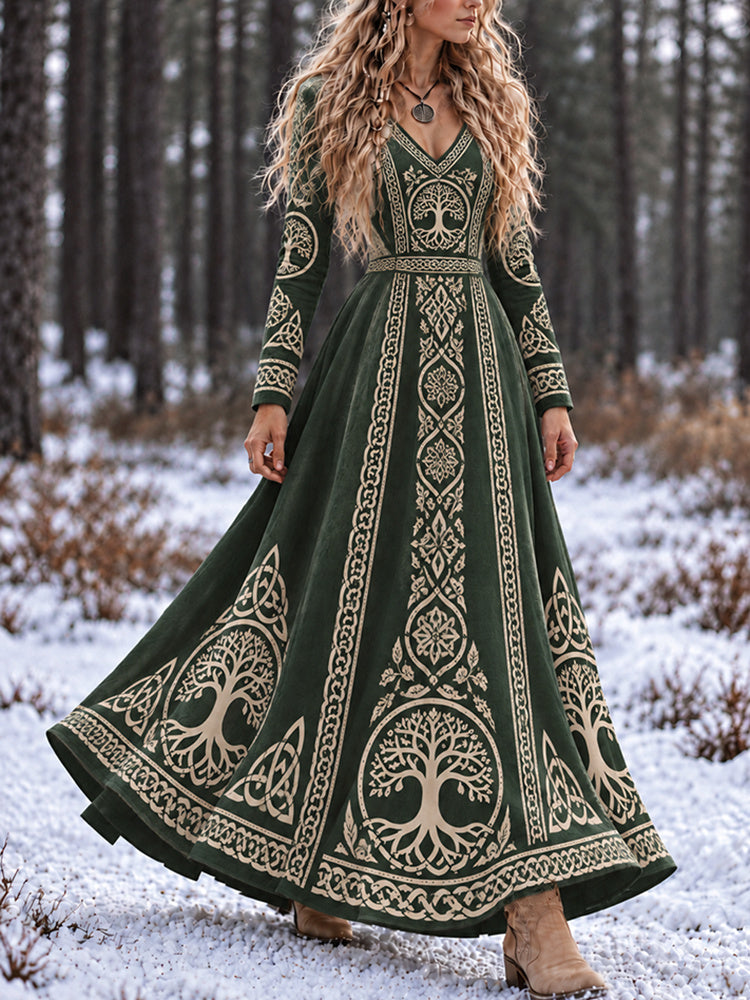 Women's Vintage Style Viking Tree Of Life And Celtic Knot Art Print V-neck Long Sleeve Maxi Dress
