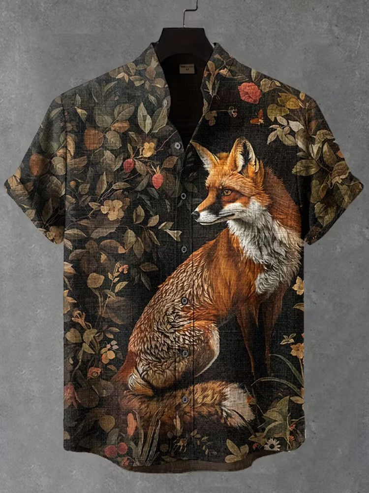 Men's Retro Fox In Fall Forest Graphic Print Short Sleeve Shirt
