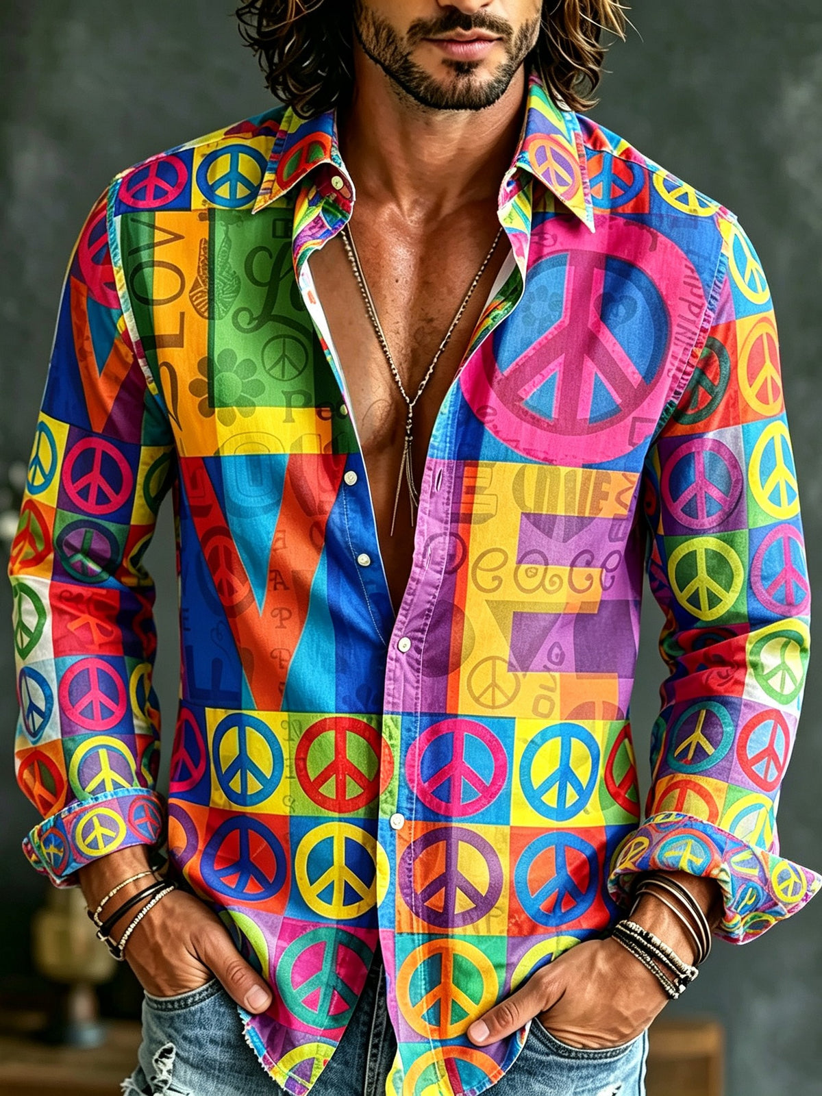 Men's Retro Hippie Style Peace Sign Print Shirt