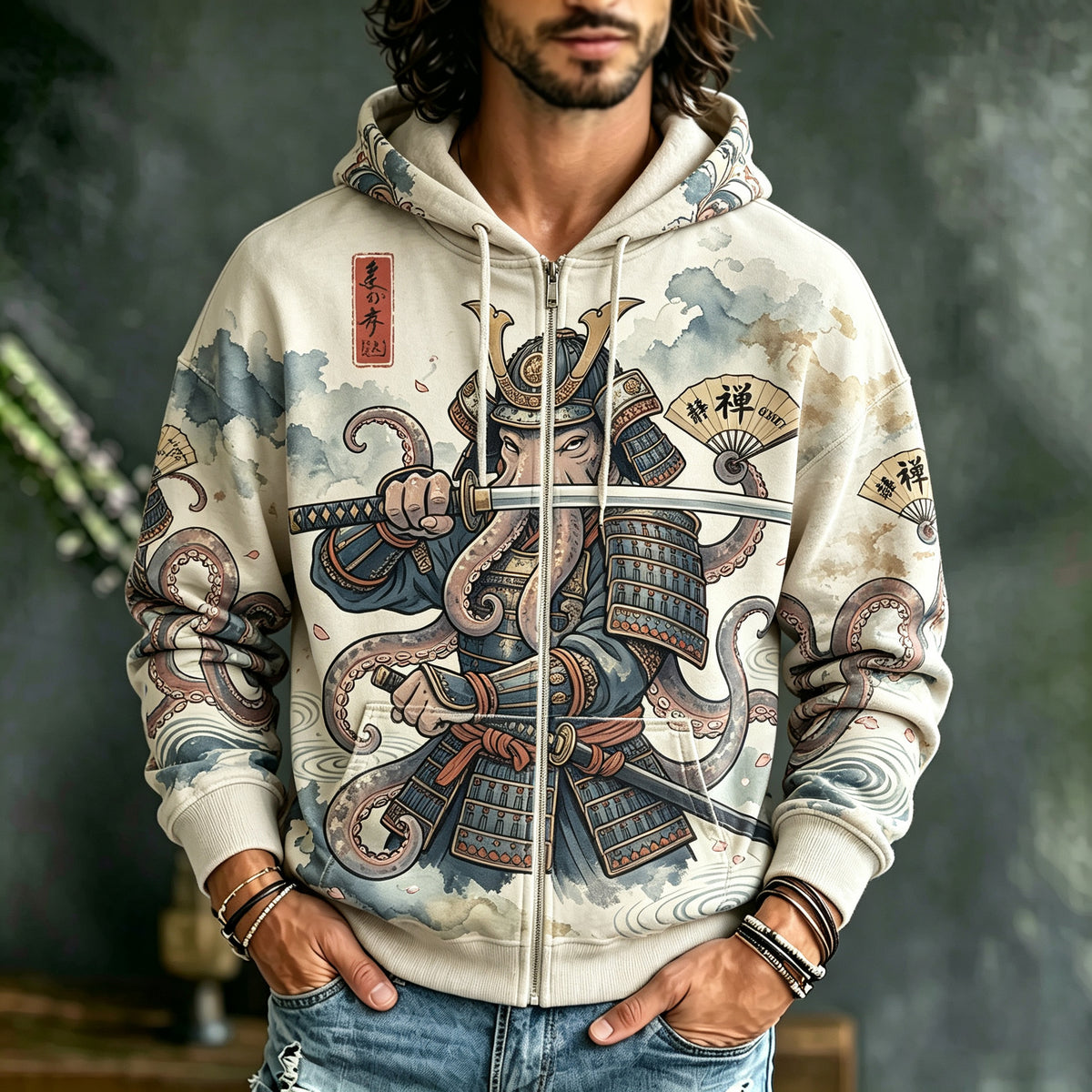 Men's Japanese Octopus Samurai Art Print Casual Zip Up Hoodie