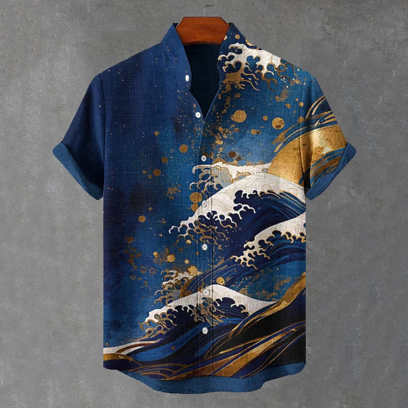 Men's Waves Golden Art Print Short Sleeve Shirt