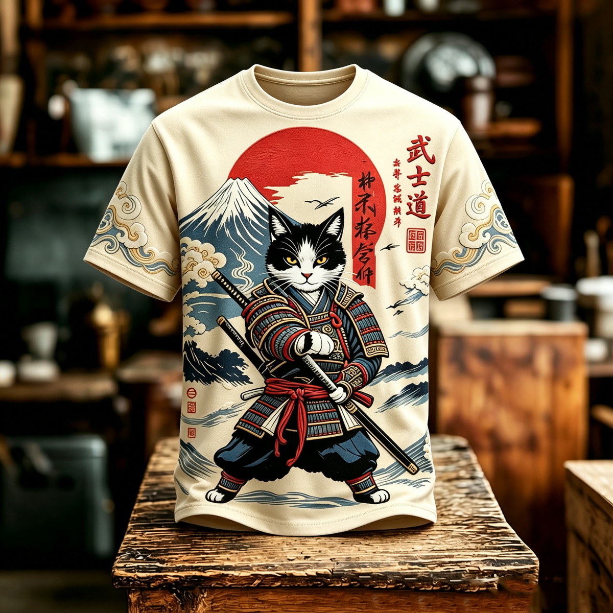 Men's Japanese Art Samurai Cat Print Short-sleeve T-shirt