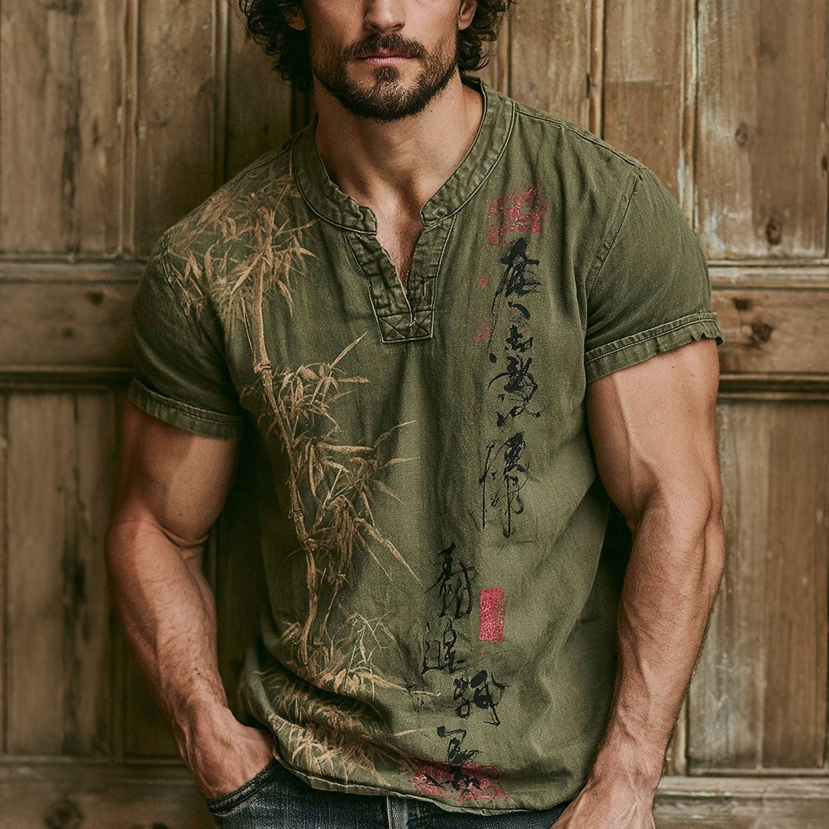 Men's Vintage Japanese Bamboo Art Casual Linen Shirt