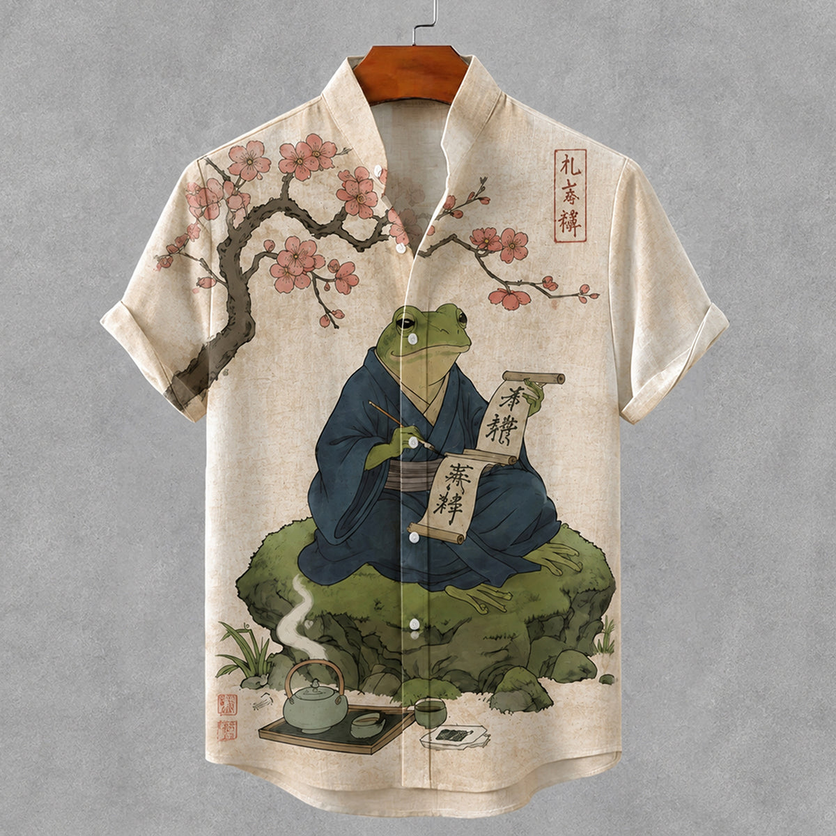 Men's Vintage Japanese Frog Art Print Casual Cotton Linen Shirt