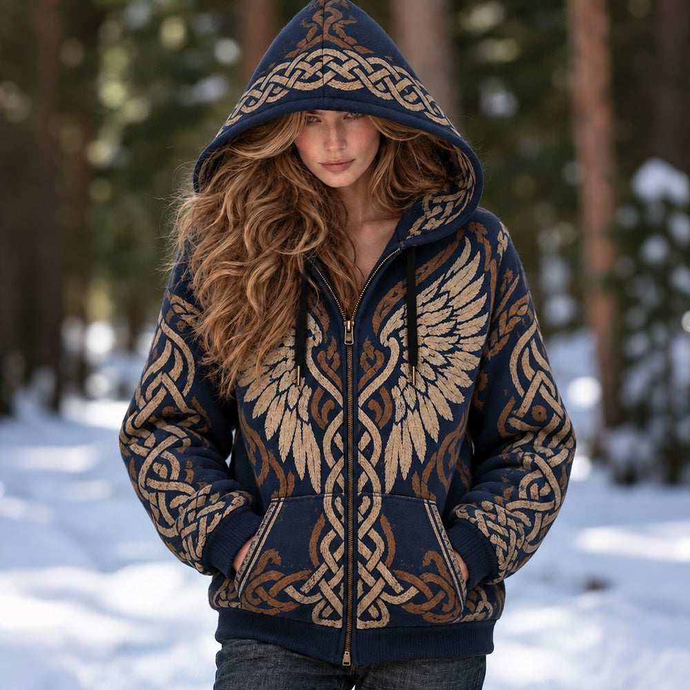 Women's Vintage Viking Wing & Celtic Knot Art Casual Zip Up Hoodie