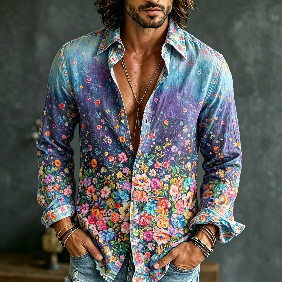 Men's Retro Bohemian Floral Print Cotton Linen Shirt.