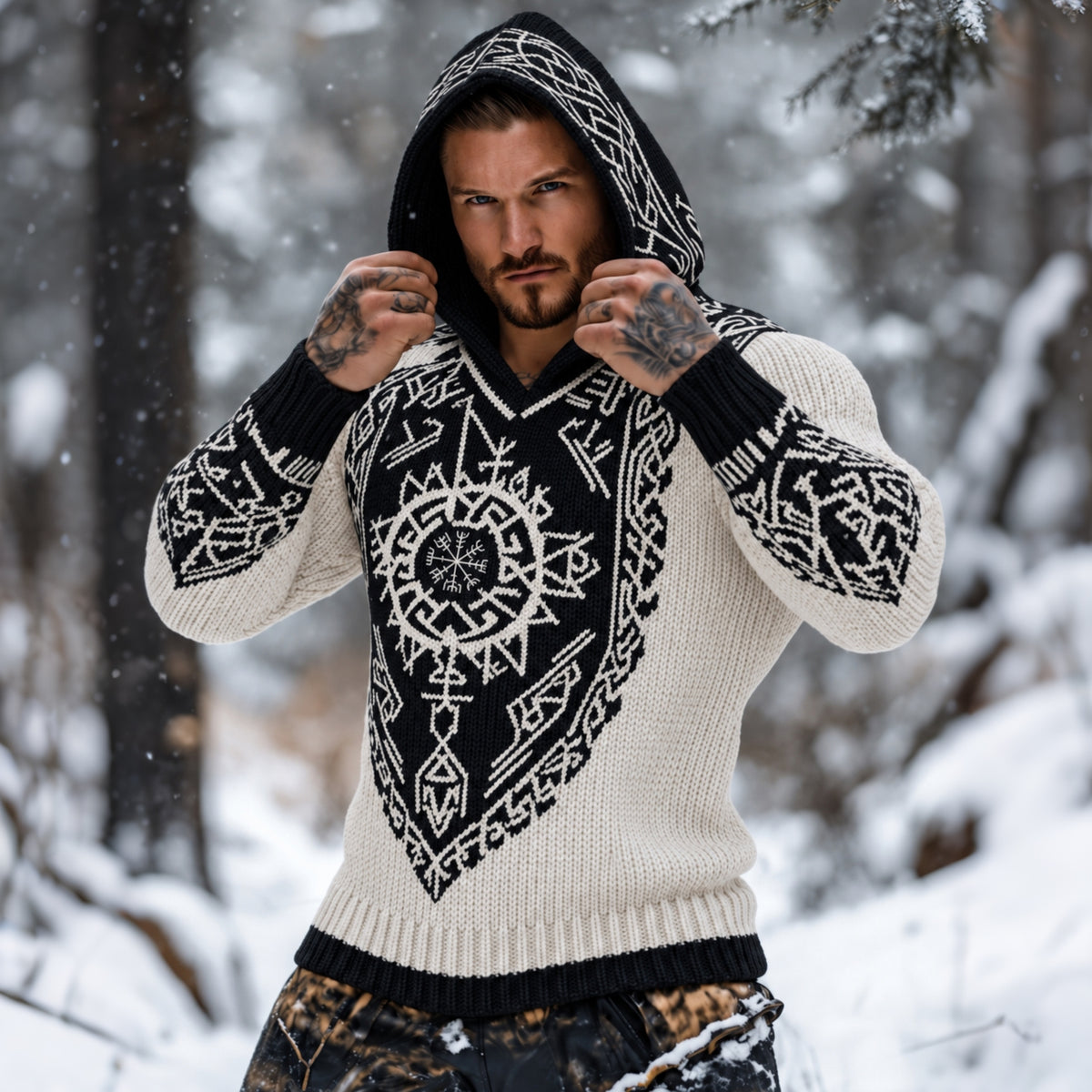 Men's Viking Tribal Celtic Inspired Printed Chunky Knit Hooded Sweater