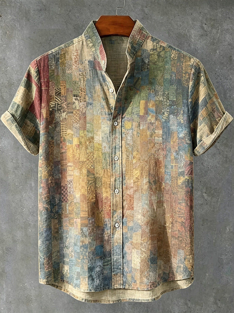 Men's Japanese Style Colorful Geometric Art Vintage Casual Short Sleeve Shirt