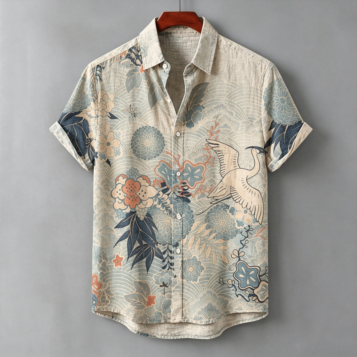 Retro Washed Wave Pattern Japanese Ukiyo-e Crane And Floral Print Short-sleeved Button Shirt