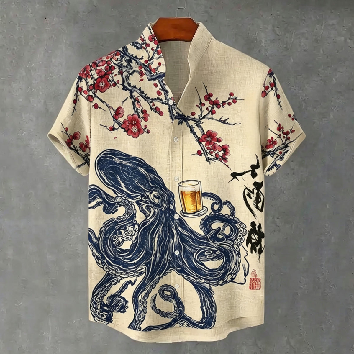 Vacation Octopus Drinking Beer Art Print Men's Short Sleeve Button Up Shirt