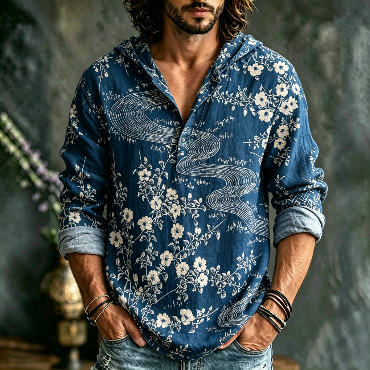 Men's Japanese Art Vacation Floral Cotton Linen Hooded Top