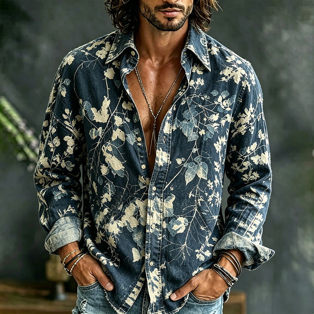 Men's Vintage Plant-dyed Printed Cotton-linen Blend Long-sleeved Shirt