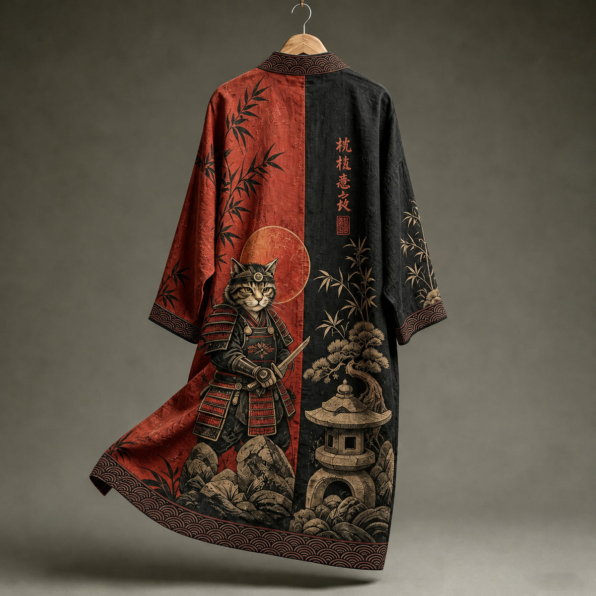 Herren Retro Samurai Katze Kunstdruck Leinenmischung Langer Kimono
