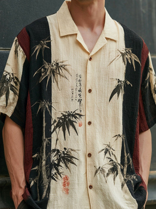 Men's Retro Japanese Style Bamboo Pattern Print Casual Cotton Linen Shirt