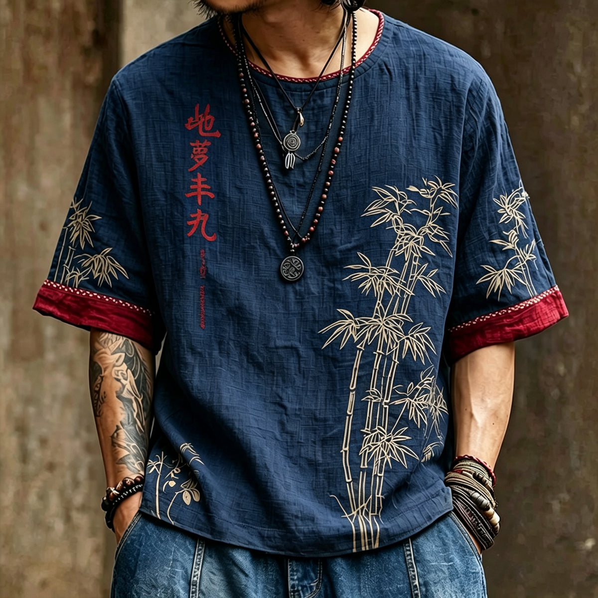Men's Vintage Japanese Bamboo Leaf And Calligraphy Art Pattern T-shirt