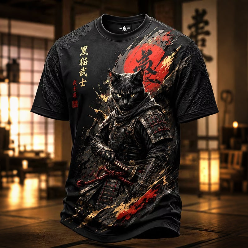 Men's Brave Black Cat Samurai Japanese Art Print T-shirt