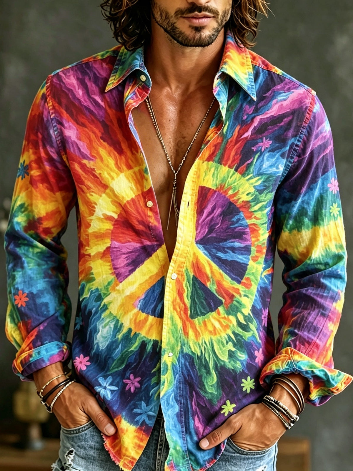Men's Retro Hippie Style Floral Print Linen Shirt