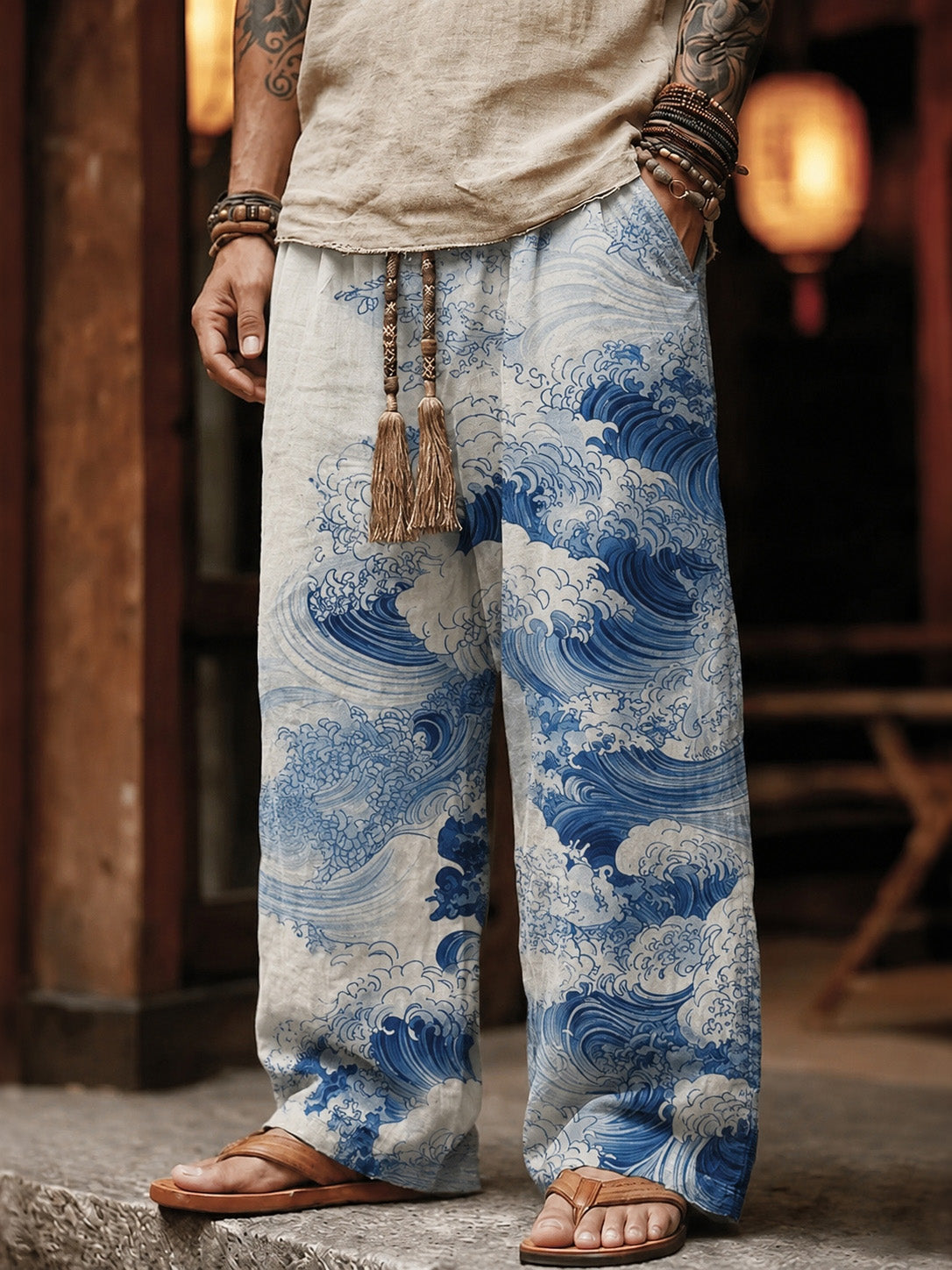 Men's Waves Watercolor Art Print Casual Pants