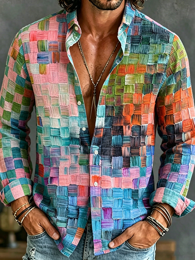 Vintage Oil Painting Style Lattice Art Print Casual Cotton Linen Shirt