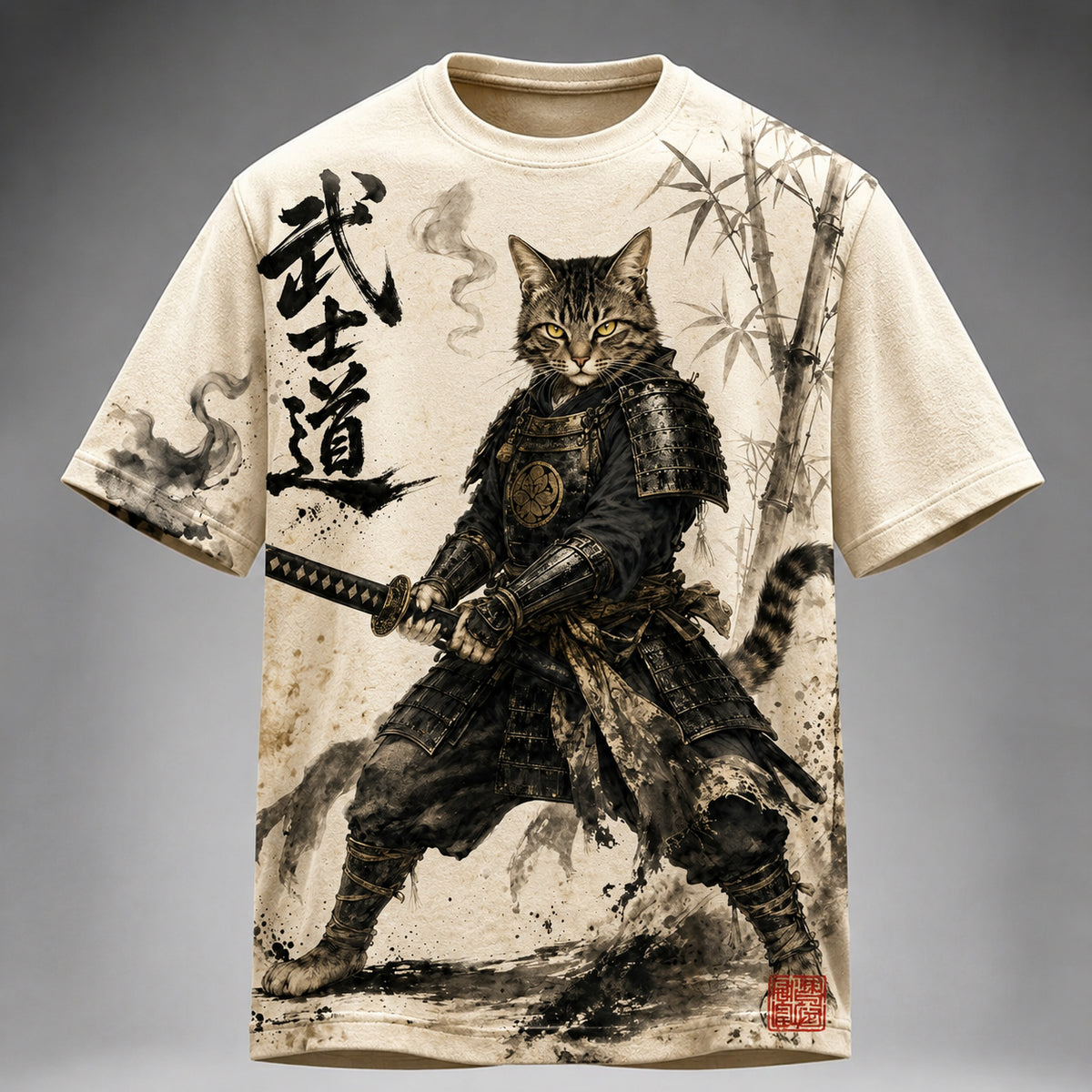Men's Retro Japanese Cat Samurai Art Print Short Sleeve T-shirt