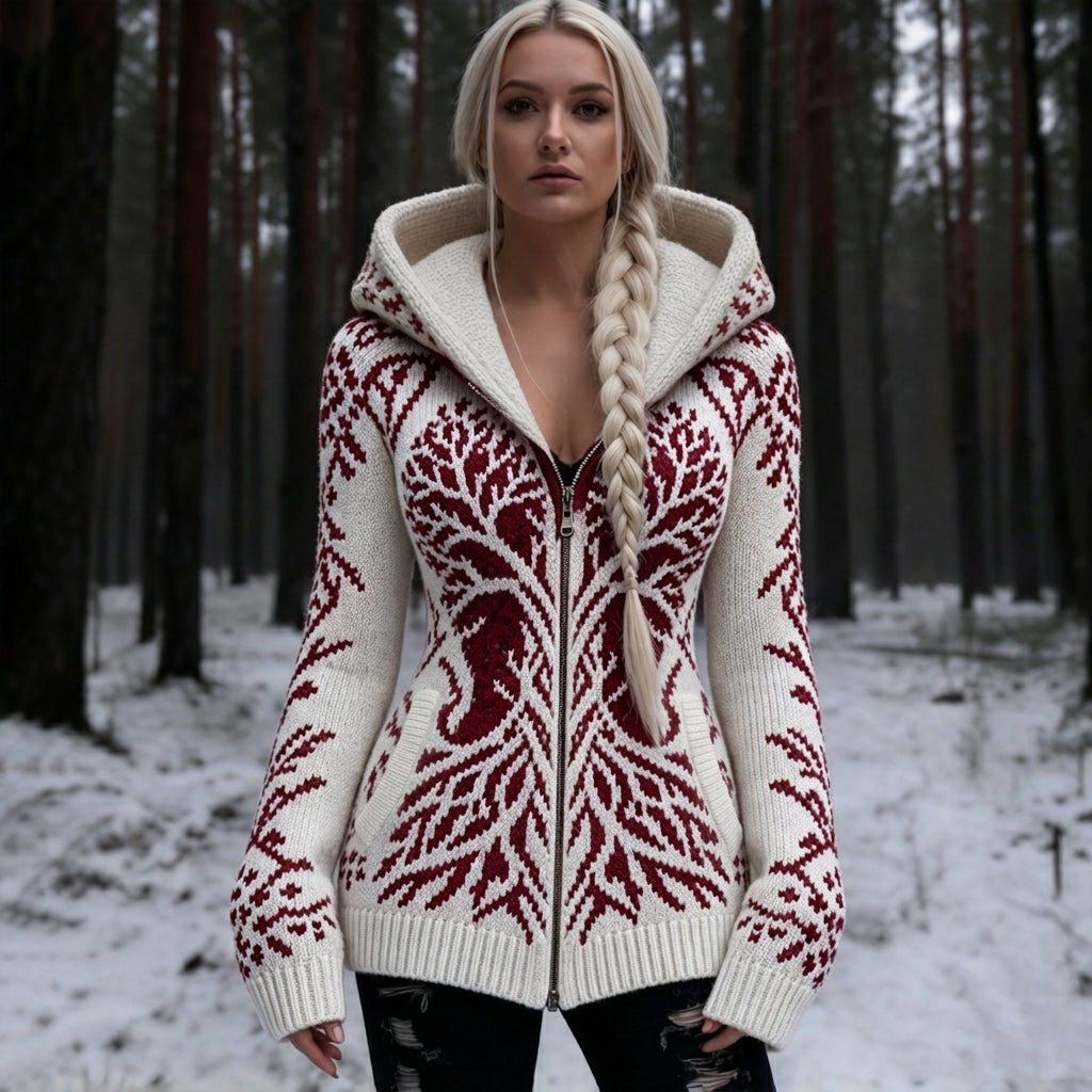 Women's Vintage Viking Celtic Knot & Tree Of Life Pattern Zip-up Cardigan