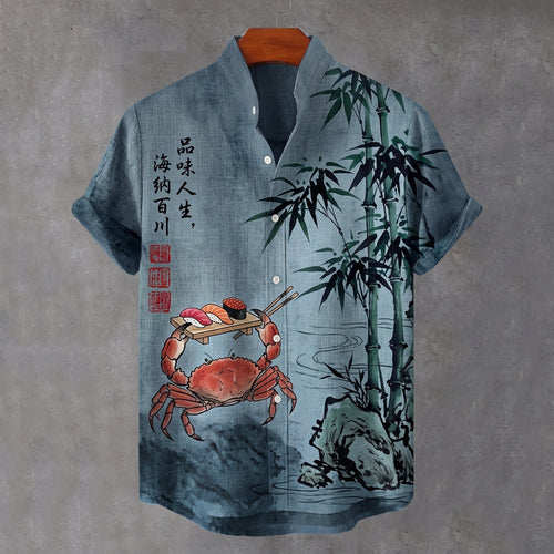 Men's Crab Eating Sushi And Bamboo Art Print Casual Shirt